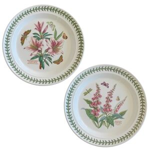Portmeirion White Dinner Plates with Pink Floral & Green Leaf Border - Pair
